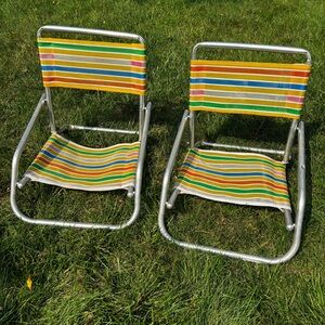 Two Vintage Aluminum Folding Beach Chairs  Low Profile Lawn Yellow Red Green